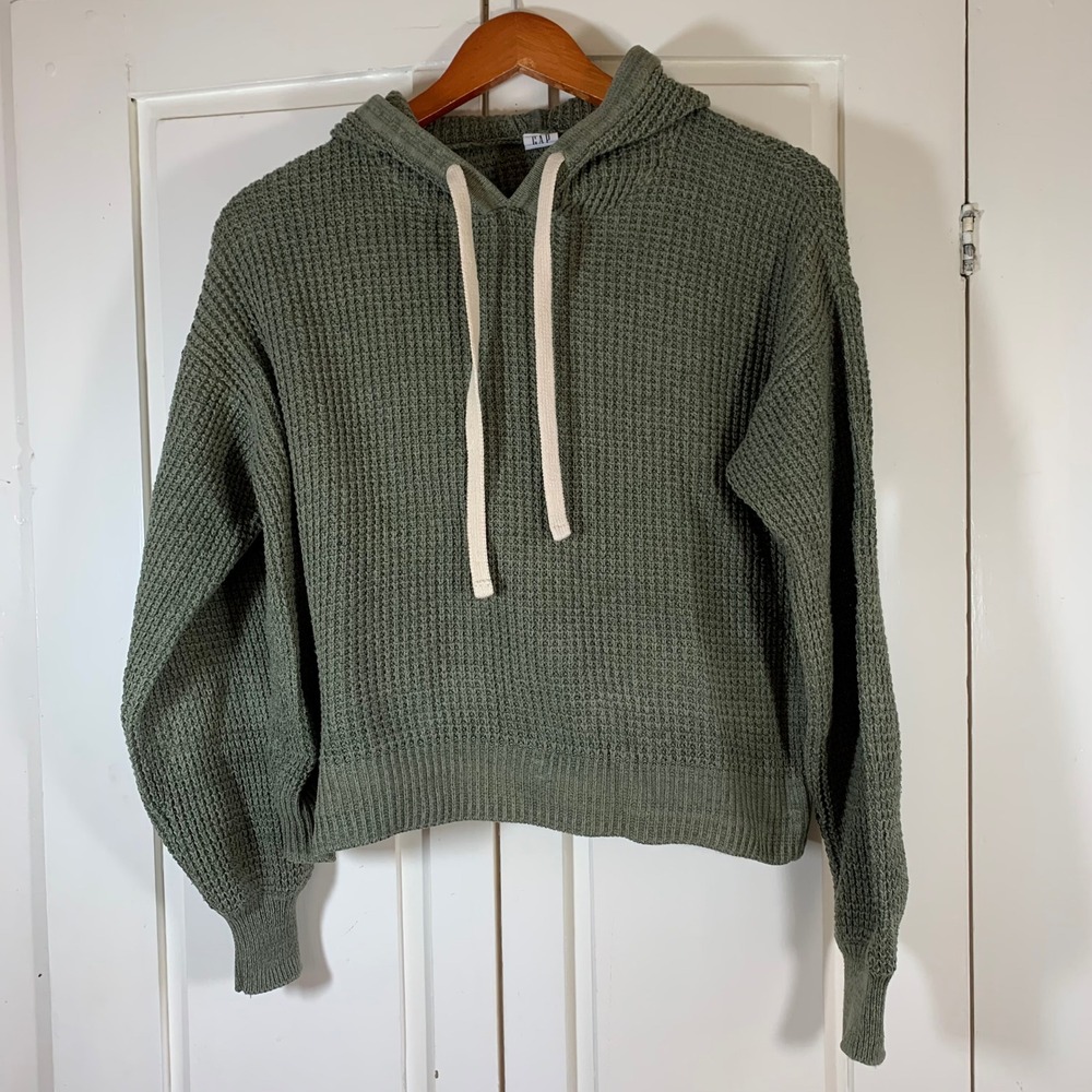 GAP Womens XS Olive Green Waffle Knit Hoodie Drawstring Pullover Casual